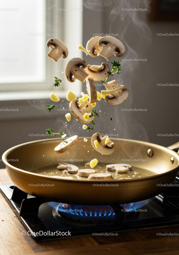 Sautéing fresh mushrooms with garlic and herbs on stove