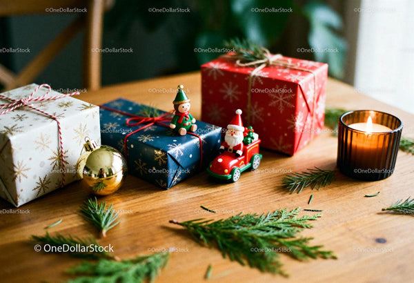 Festive Christmas Gift Boxes and Cozy Candlelight Scene