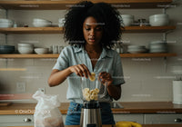 Black woman preparing healthy banana smoothie in modern kitchen