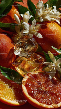 Fresh Citrus Fruits and White Flowers with Ice Cubes for Summer Refreshing Flavor