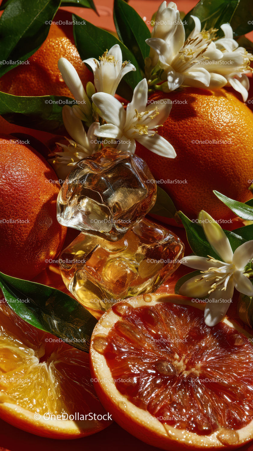 Fresh Citrus Fruits and White Flowers with Ice Cubes for Summer Refreshing Flavor