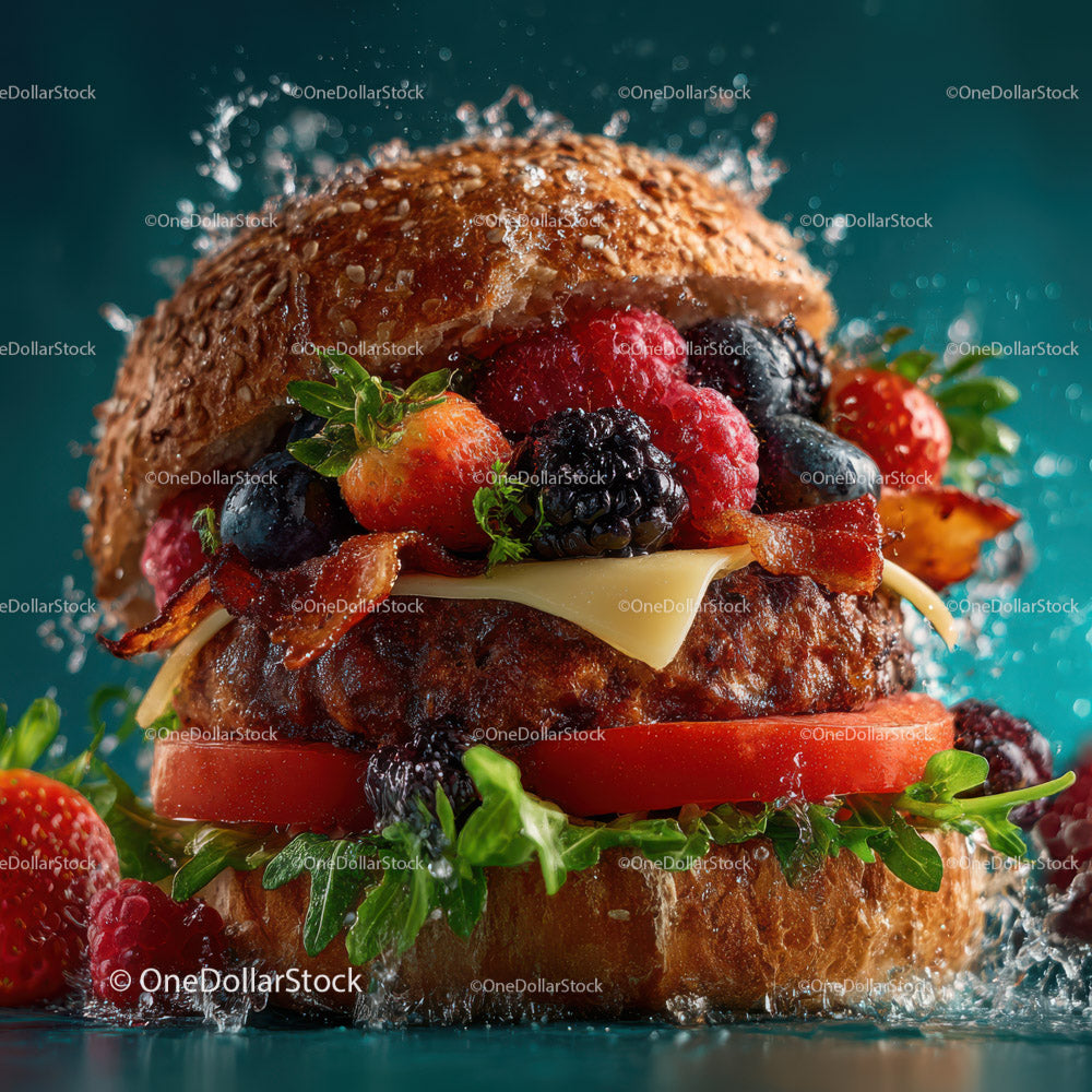 Burger gourmet z jagodami, świeżymi owocami i warzywami