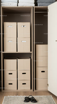 Stylish Modern Wardrobe with Beige Storage Boxes and Shelves