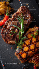 Juicy Grilled Steak with Rosemary and Spicy Chili on Black Slate