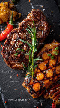 Juicy Grilled Steak with Rosemary and Spicy Chili on Black Slate