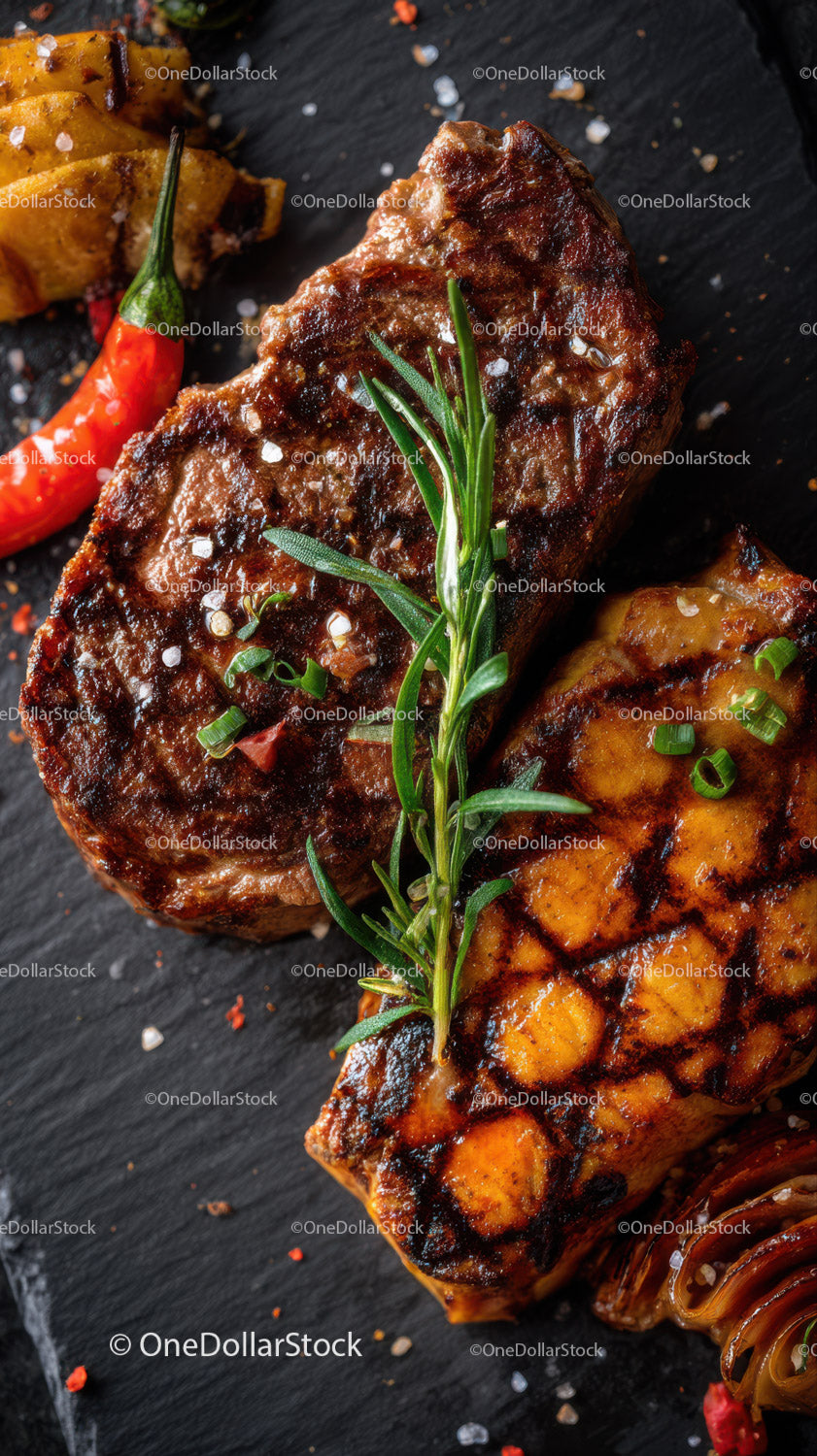 Juicy Grilled Steak with Rosemary and Spicy Chili on Black Slate