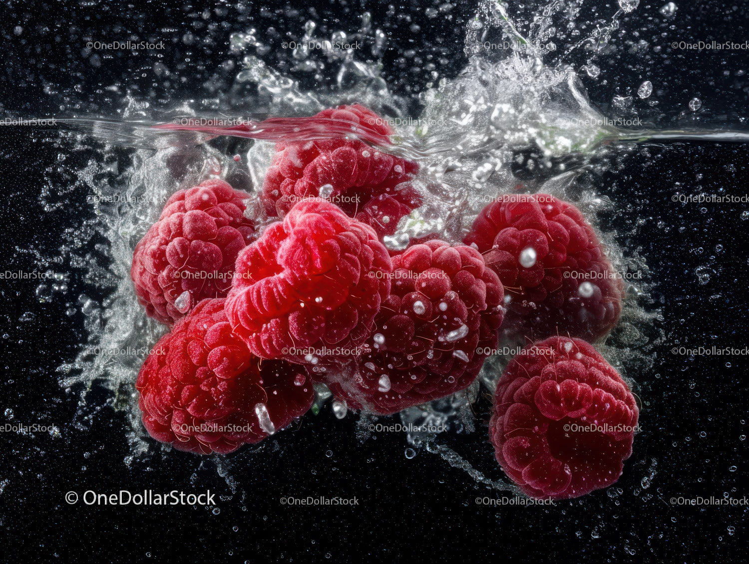 Fresh Red Raspberries Splashing Underwater in Water