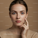 Close-Up of a Young Woman with Clear Skin and Blue Eyes in Neutral Setting