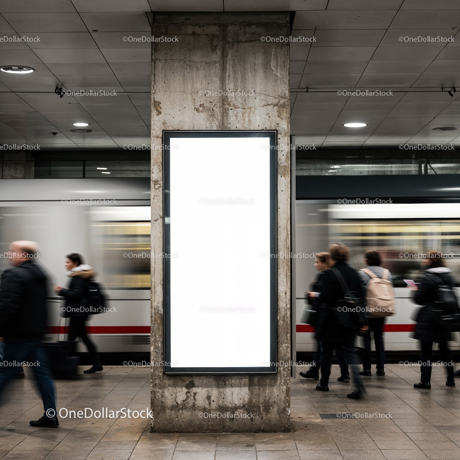 Urban commuters passing a blank ad panel in subway station