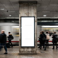 Urban commuters passing a blank ad panel in subway station