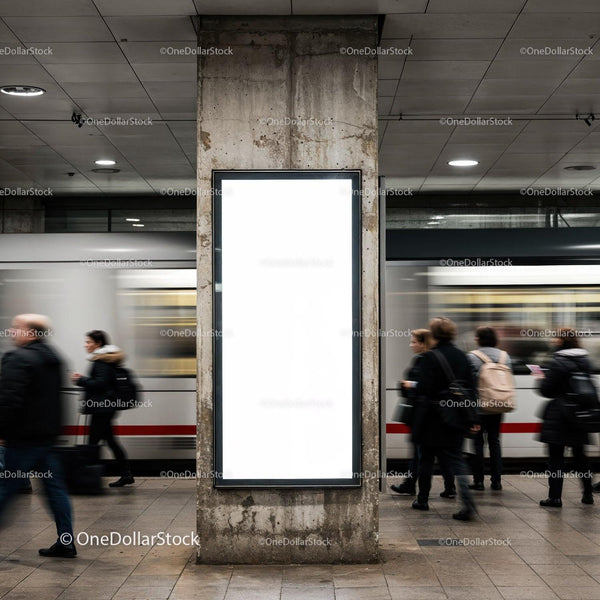 Urban commuters passing a blank ad panel in subway station JPG Mockup Image