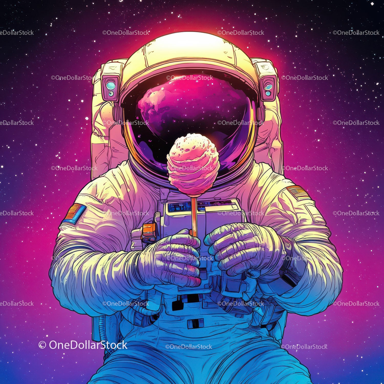 Colorful Astronaut Holding Ice Cream in Space with Galaxy Reflection