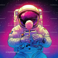 Colorful Astronaut Holding Ice Cream in Space with Galaxy Reflection