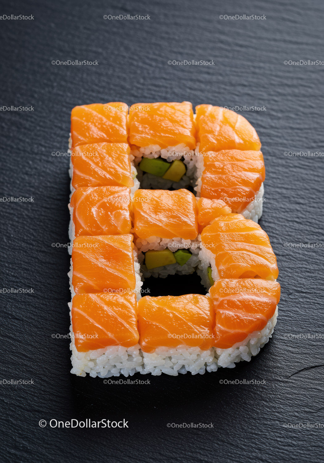 Creative sushi pieces arranged in the shape of letter B