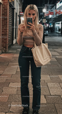 Young woman taking mirror selfie on urban street at night