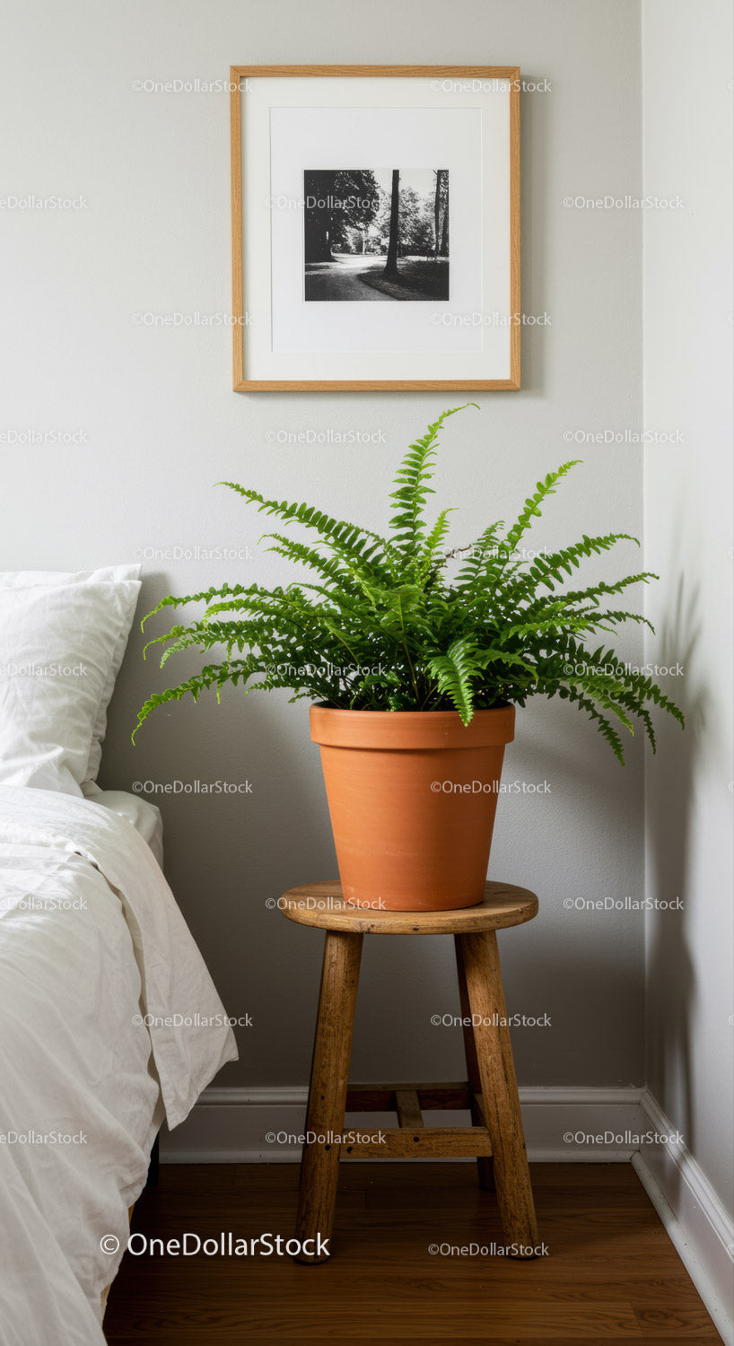 Green Fern in Terracotta Pot on Wooden Stool in Minimalist Bedroom