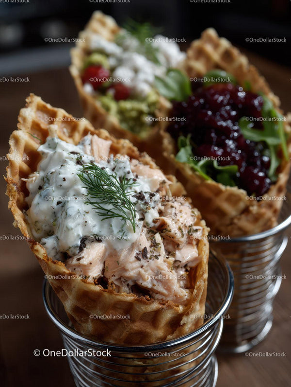 Ice Cream in Waffle Cone with Mixed Berries and Herbs