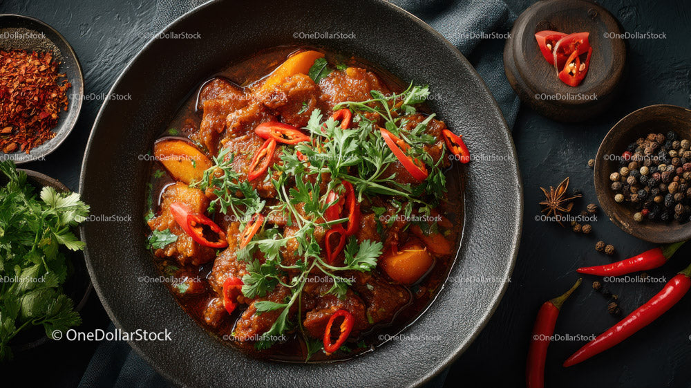 Spicy Asian Beef Stew with Rice and Fresh Herbs in a Black Stone Bowl