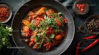 Spicy Asian Beef Stew with Rice and Fresh Herbs in a Black Stone Bowl
