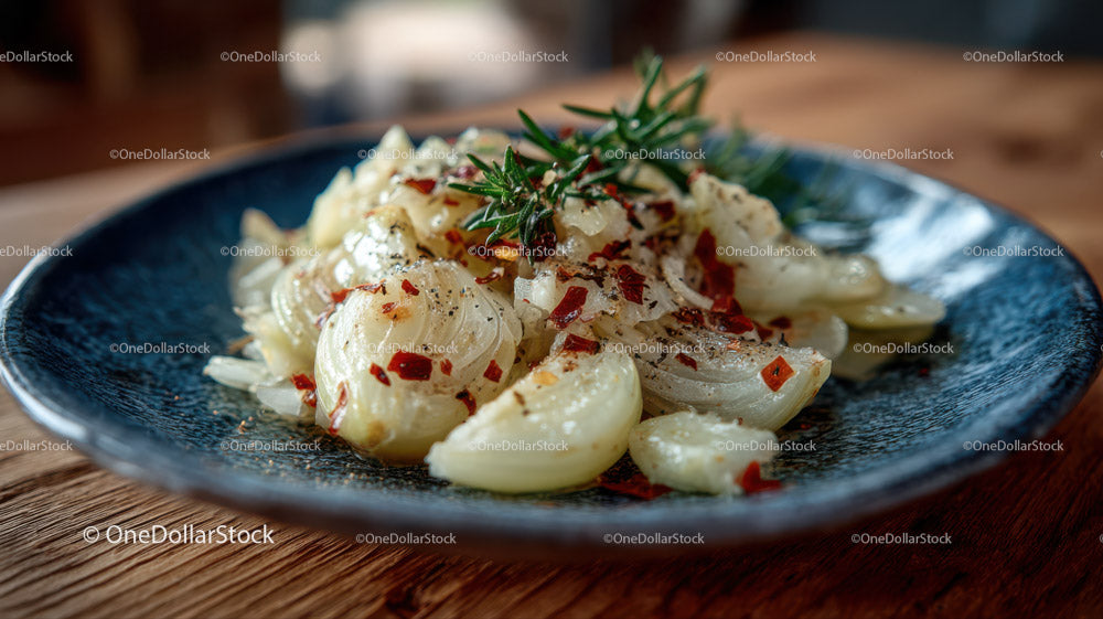 Garlic Cloves with Red Chili Flakes and Rosemary in a Blue Bowl