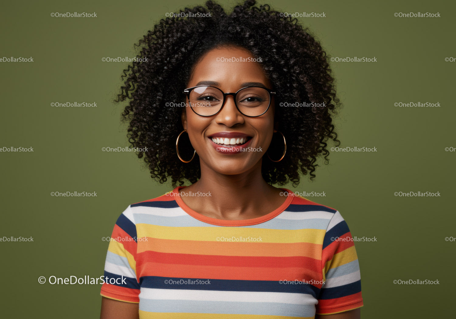Joyful Woman with Curly Hair Wearing Colorful Striped Shirt and Glasses
