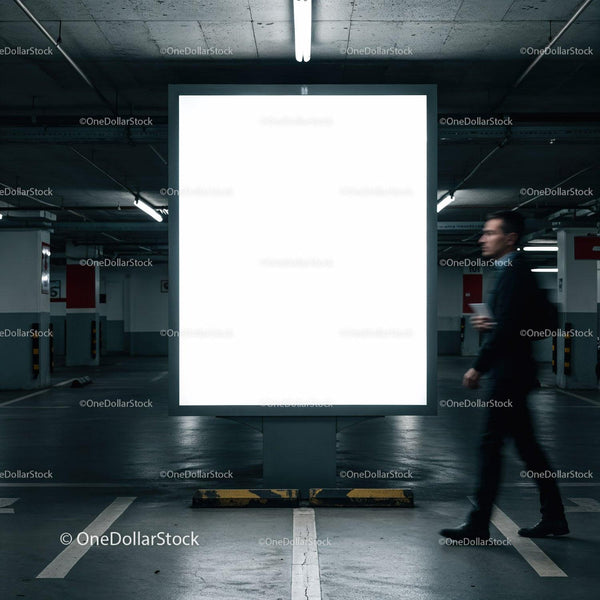 Blurred businessman walking past blank billboard in parking garage JPG Mockup Image