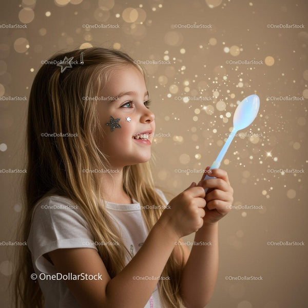 Smiling girl with star stickers holding glowing spoon