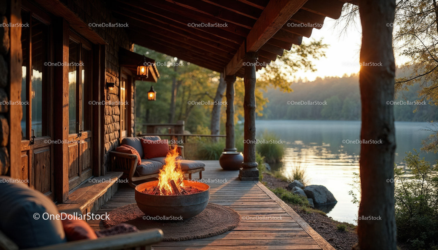 Rustic Cabin Porch with Firepit and Scenic River View