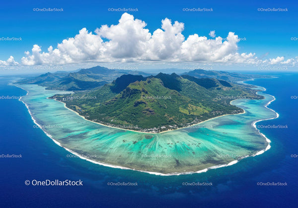 Tropical Island with Green Mountains and Turquoise Beaches