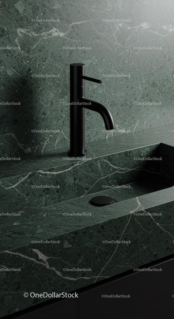 Black Kitchen Faucet with Green Marble Countertop for Modern Interior