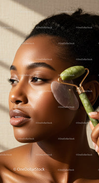 Close-Up of a Woman Using Jade Roller for Facial Massage