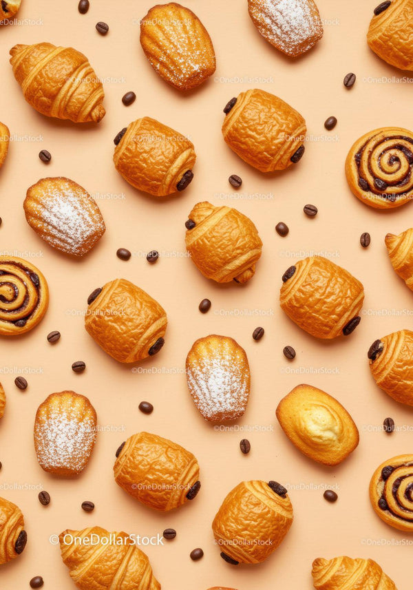 Assorted French pastries and coffee beans on peach background