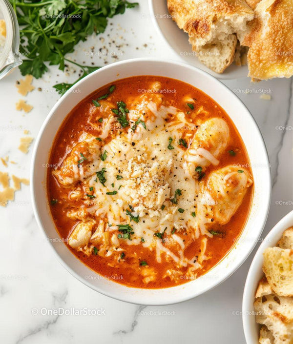 Hearty Tomato and Cheese Soup with Bread Slices