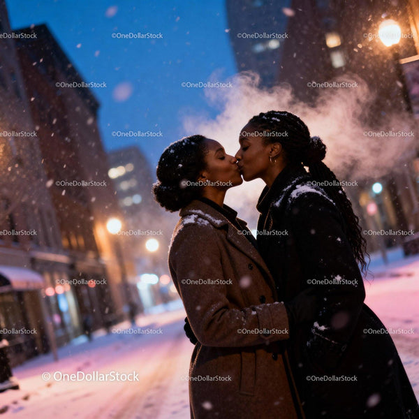 Couple sharing a tender kiss on a snowy city street