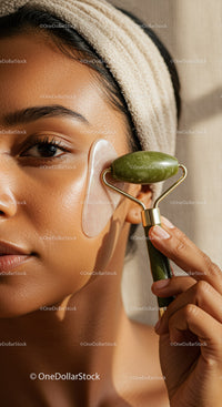 Woman Using Jade Roller for Facial Massage and Skin Rejuvenation