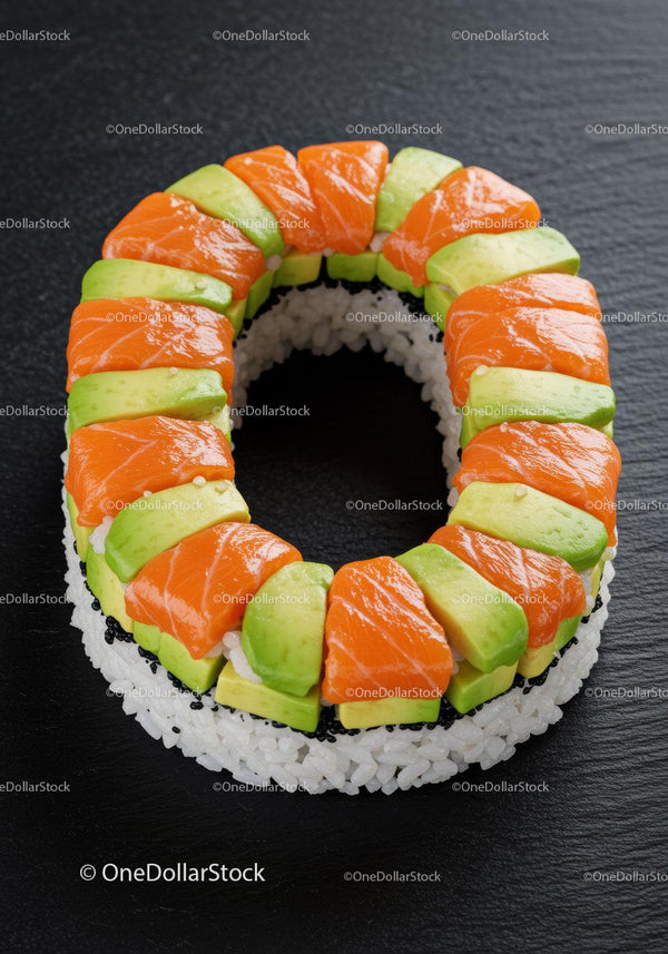 Salmon and Avocado Sushi Ring on Black Slate Plate