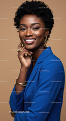 Elegant Professional Woman Wearing Blue Blazer with Jewelry