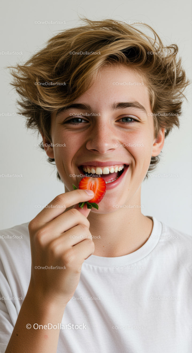 Portrait of a Smiling Teenager Enjoying Strawberries in Bright Light