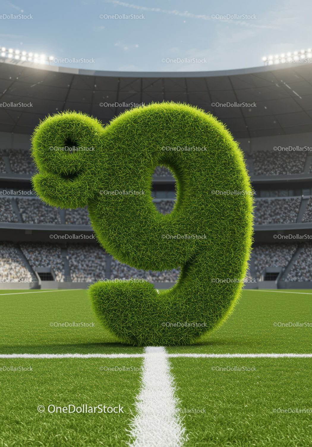 Large grass number nine on soccer stadium field