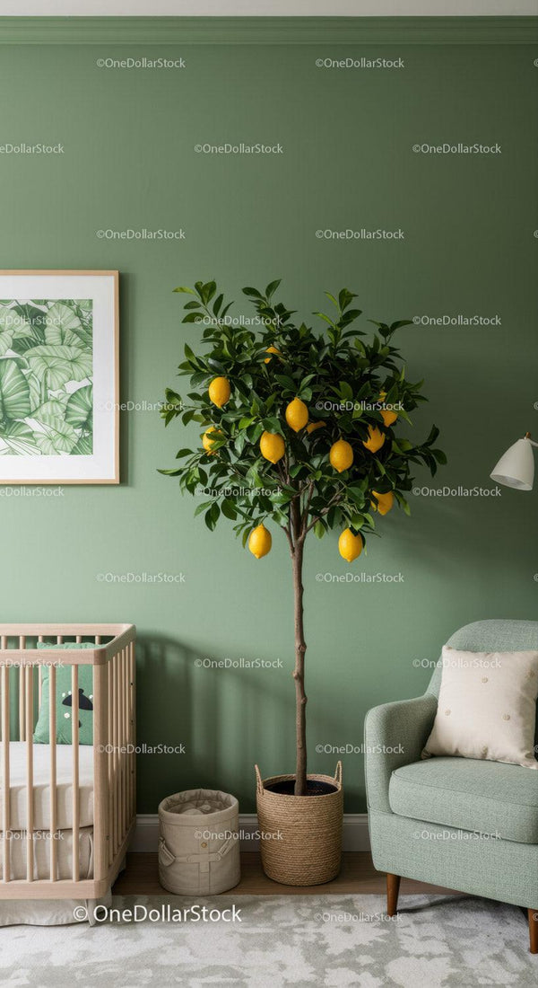 Lemon Tree in Bright Modern Nursery with Green Wall and Cozy Decor