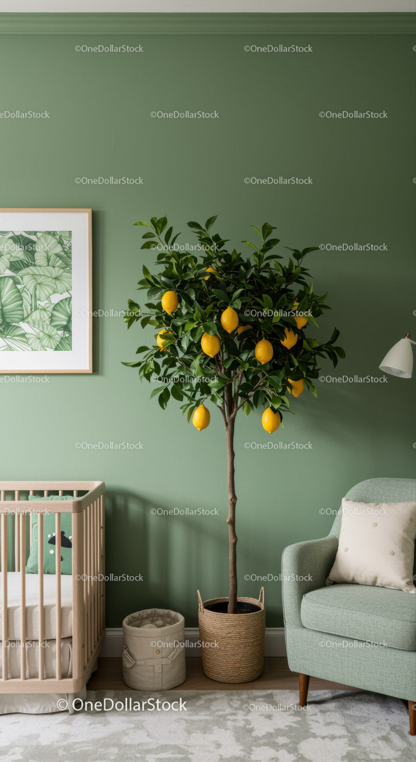 Lemon Tree in Bright Modern Nursery with Green Wall and Cozy Decor