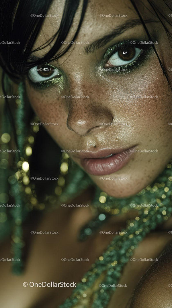 Close-Up Portrait of Woman with Glitter Makeup and Emerald Eyeshadow
