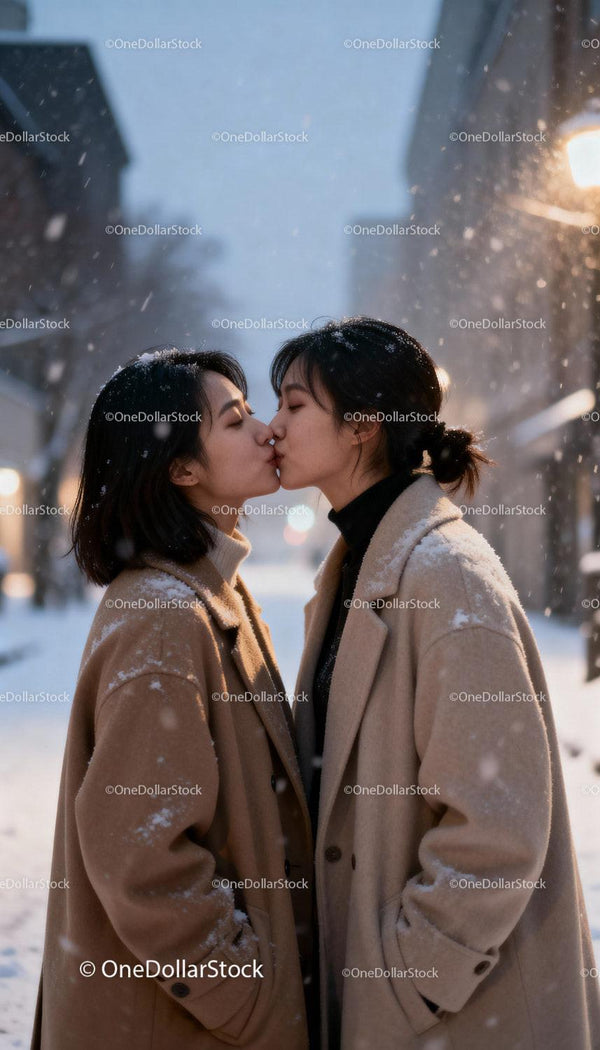 Couple sharing a tender kiss on snowy winter street