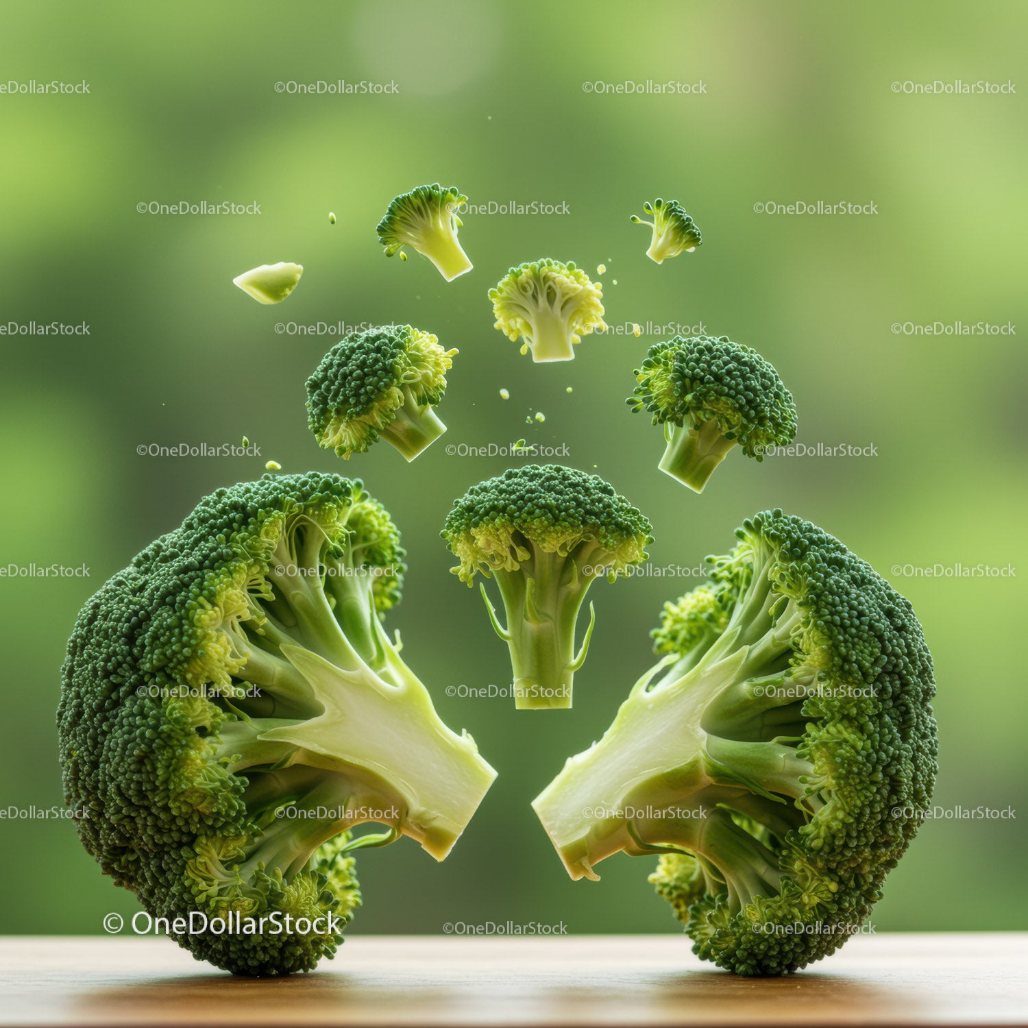 Fresh broccoli cut into pieces on wooden surface