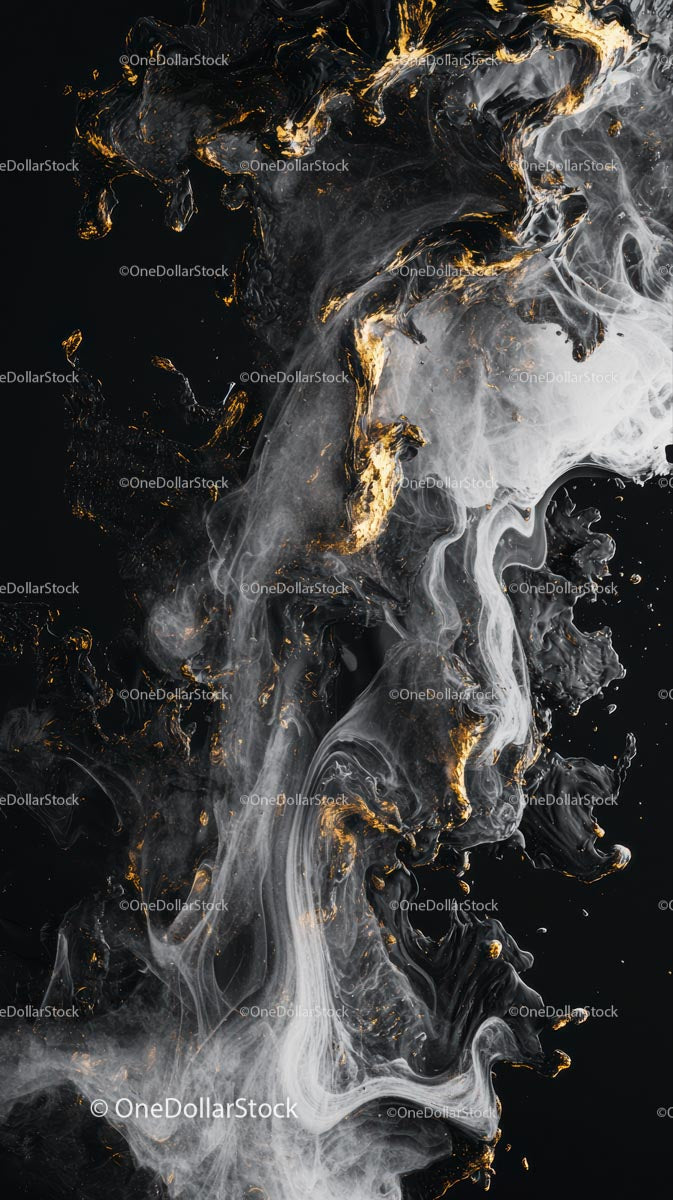 Black and White Liquid Smoke Art with Gold Accents