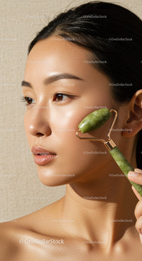 Beautiful Woman Using Jade Roller for Facial Massage and Skin Care