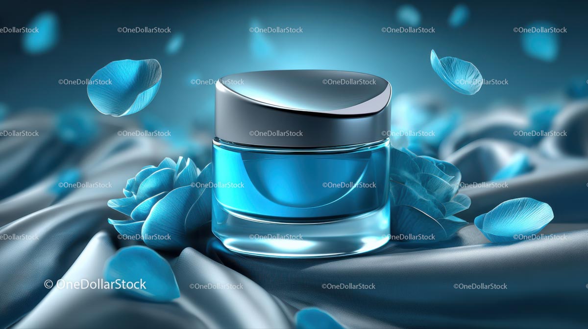 Elegant Blue Cosmetic Jar Among Delicate Petals