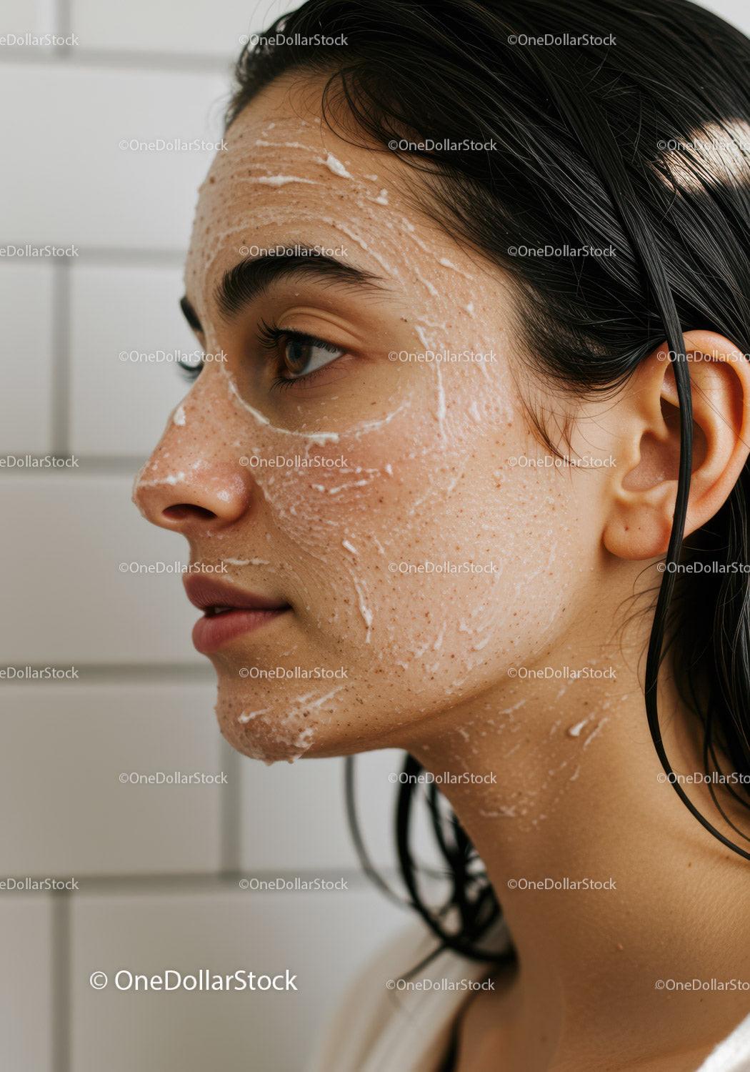 Close-up of woman with facial scrub on skin