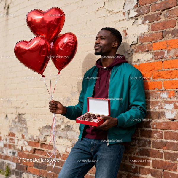 Man with heart balloons and chocolates on Valentines Day