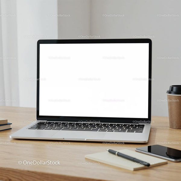 Modern laptop with blank screen on tidy wooden desk JPG Mockup Image